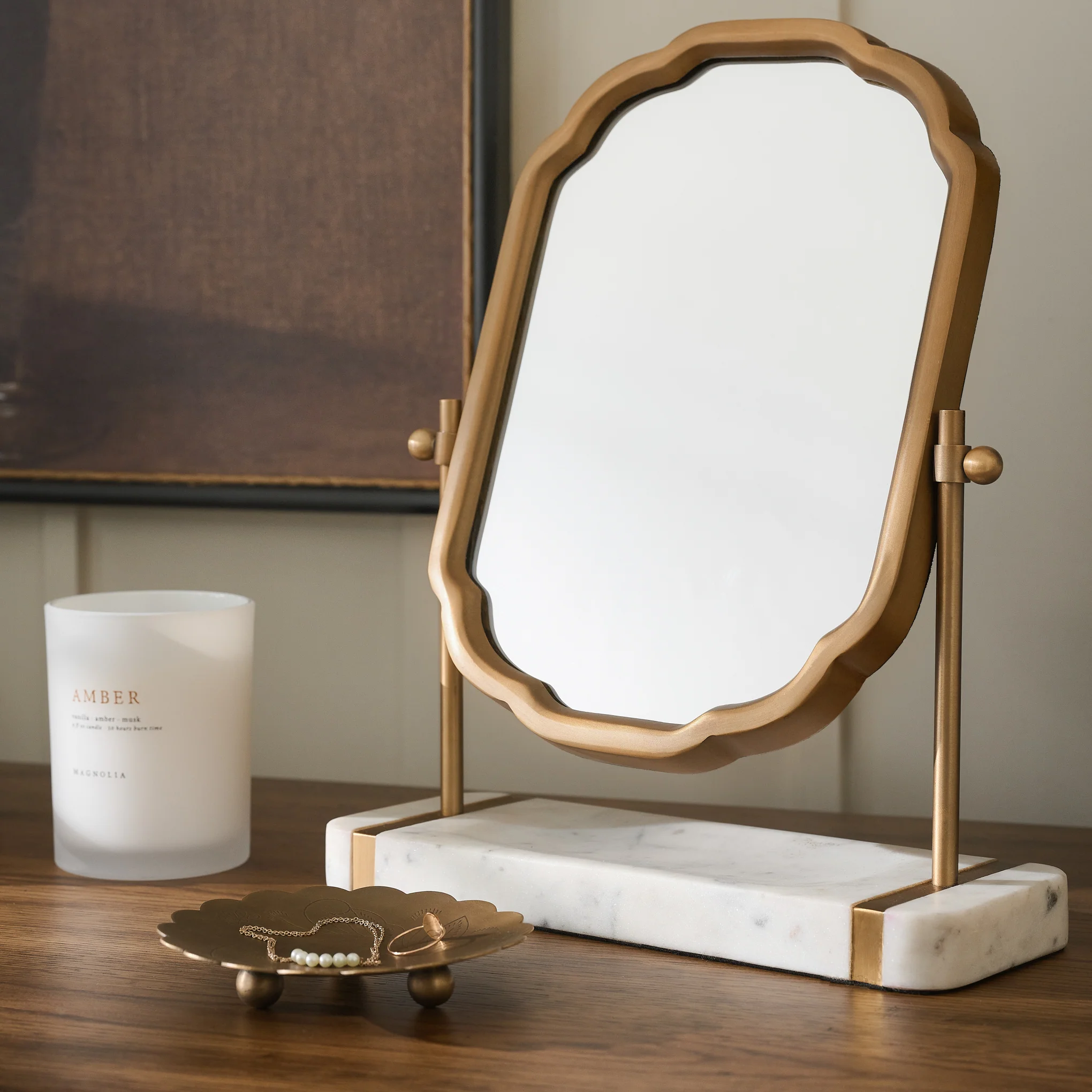 Antique Brass and Marble Vanity Mirror