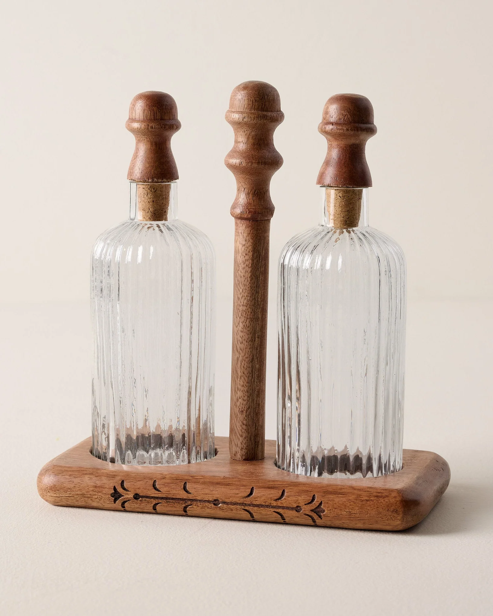 Antiqued Wood Ribbed Glass Oil & Vinegar Set - Image 2