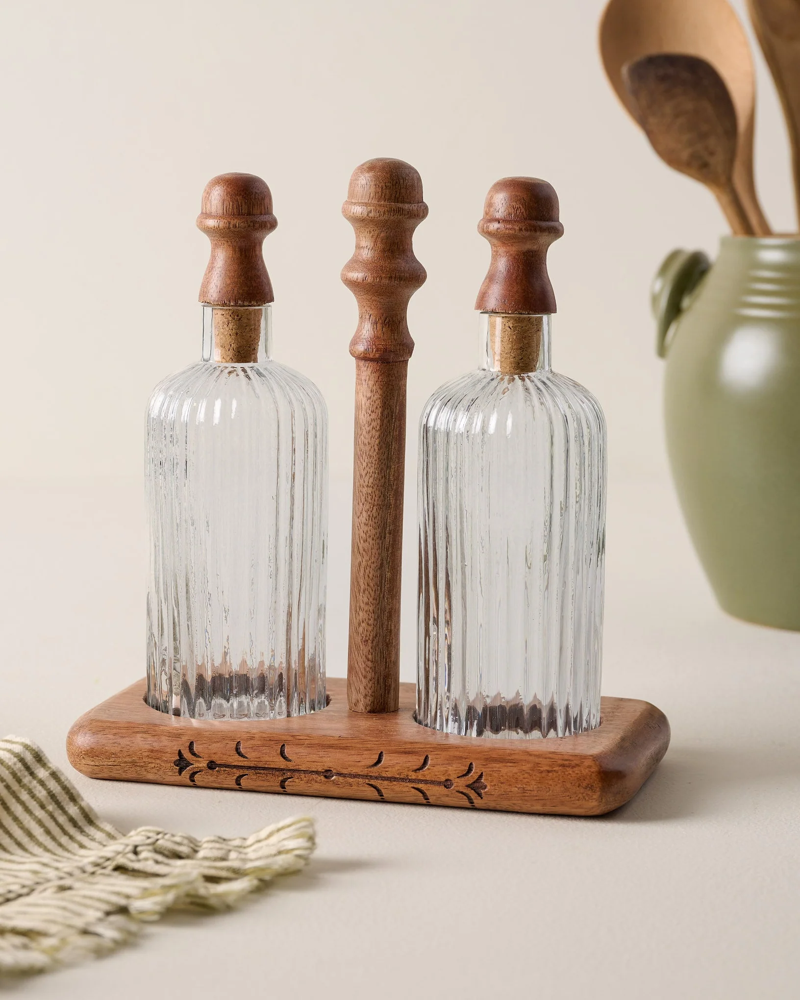 Antiqued Wood Ribbed Glass Oil & Vinegar Set - Image 3