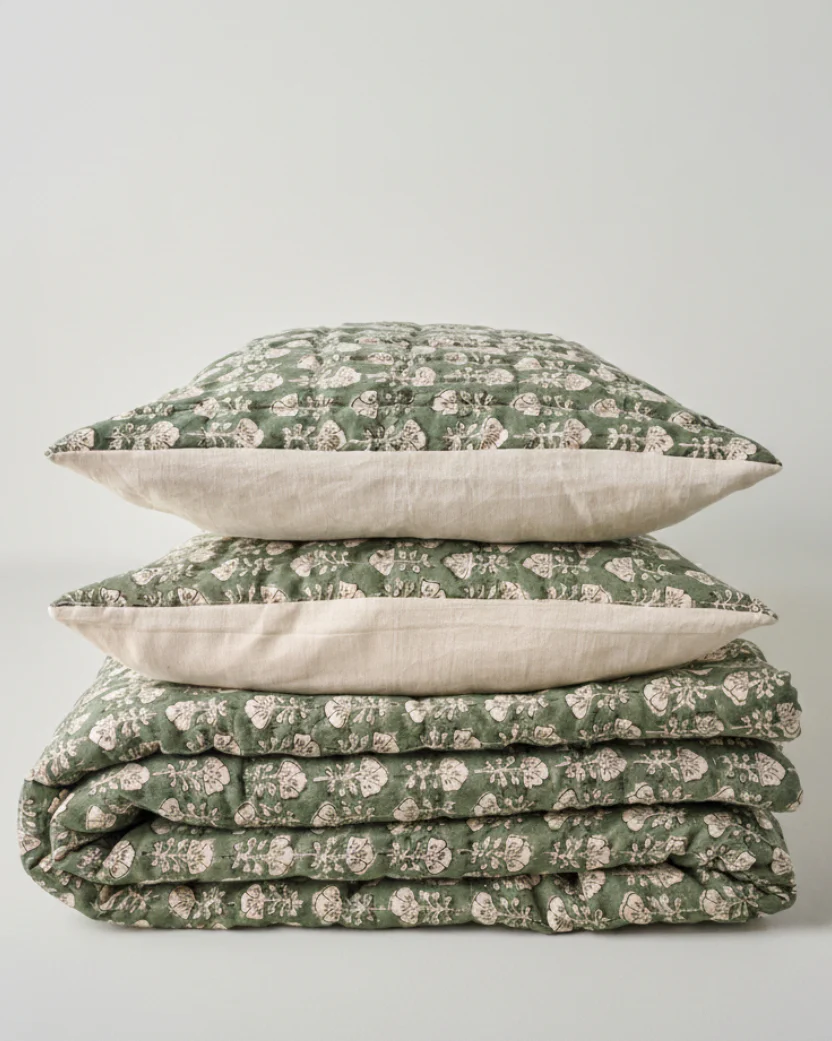 Flora Block Print Quilt - Dusty Green - Image 2