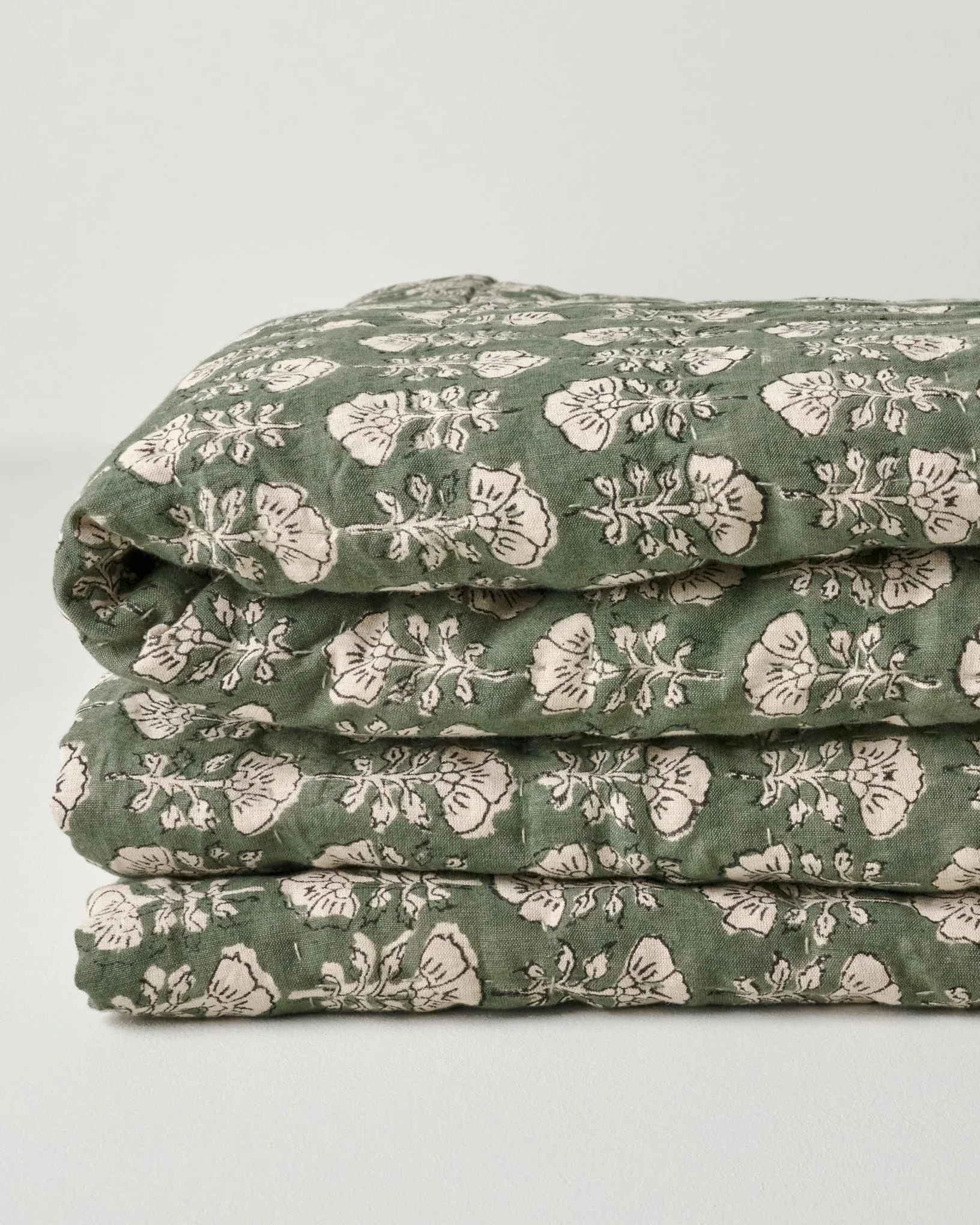 Flora Block Print Quilt - Dusty Green - Image 4