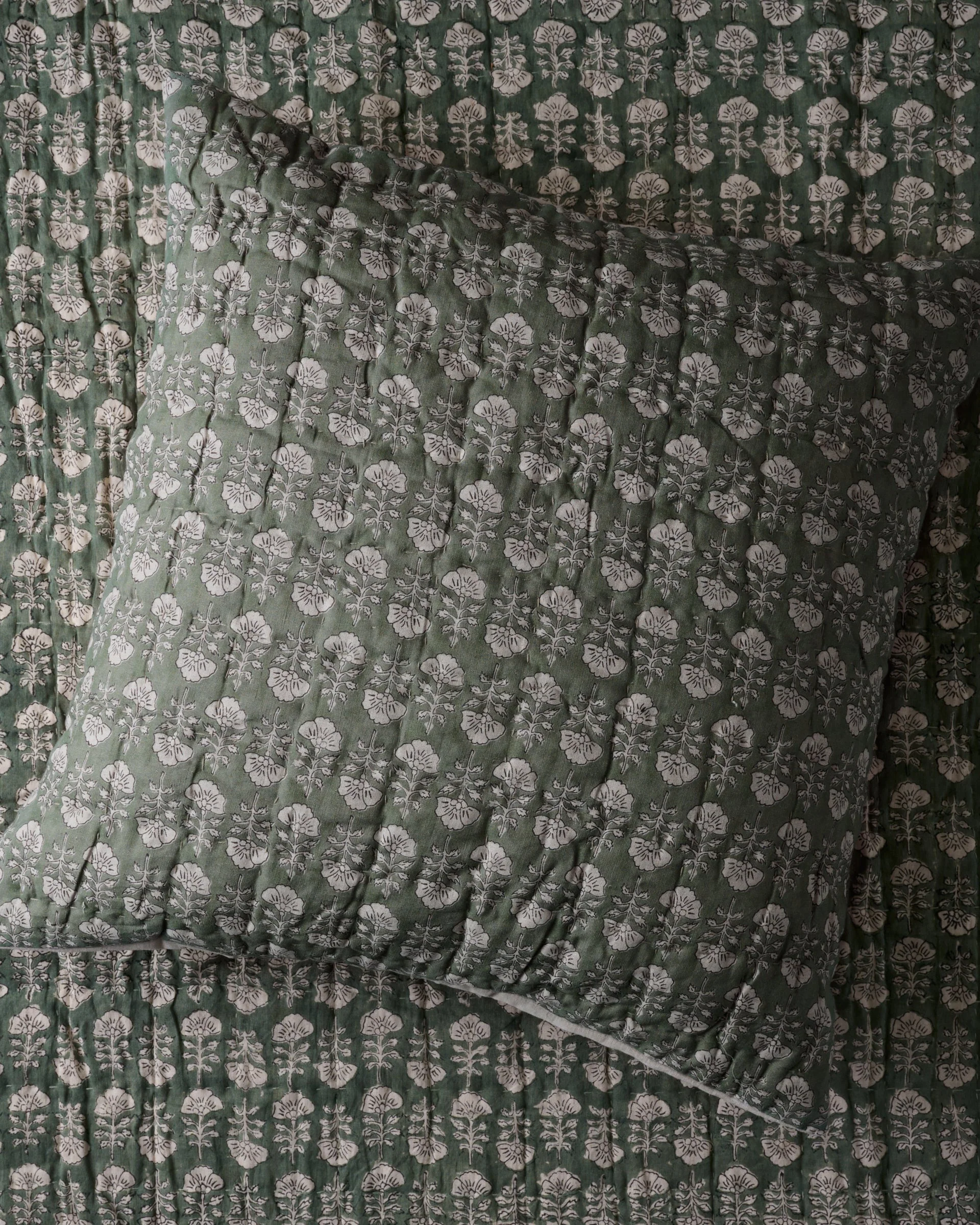 Flora Block Print Pillow Sham - Dusty Green - Image 3