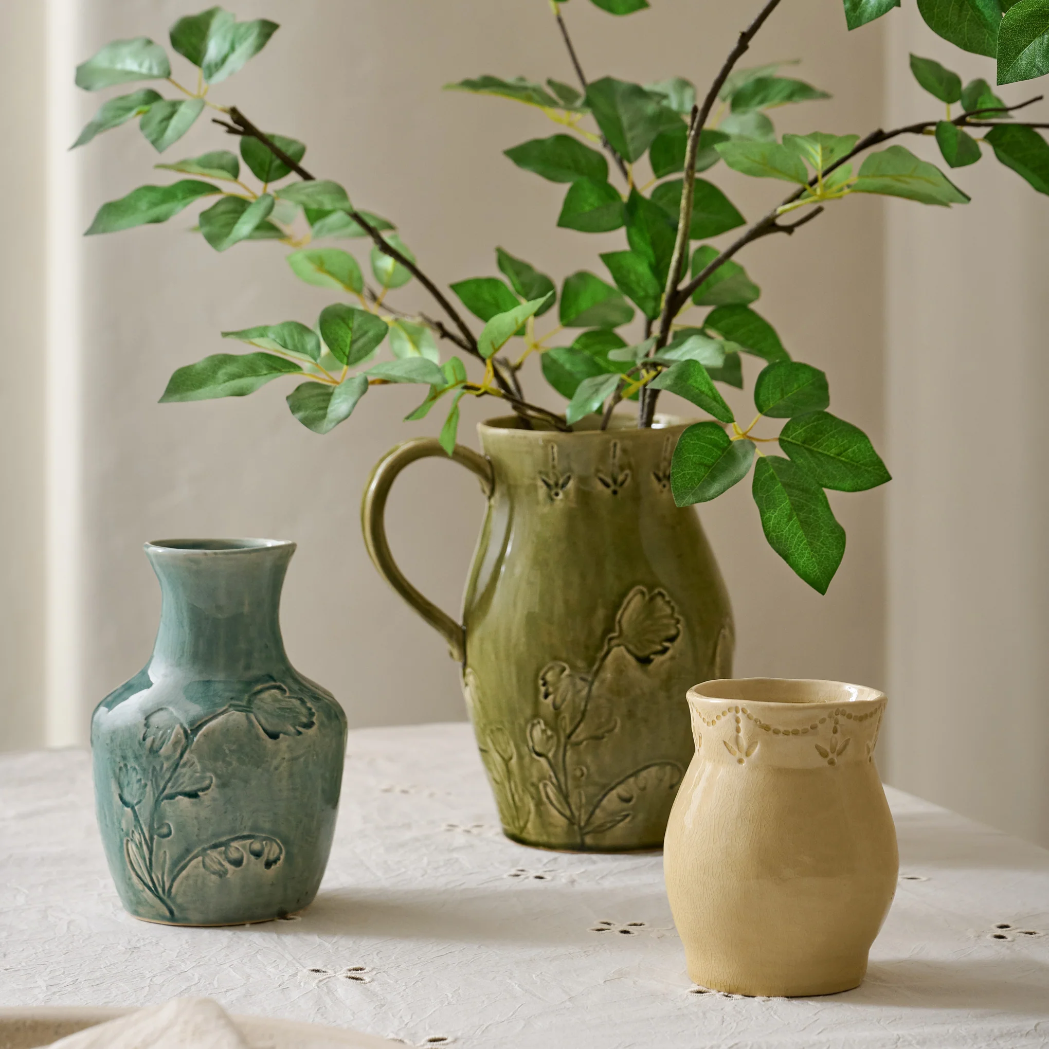 Floral Glazed Ceramic Pitcher Vase - Image 4