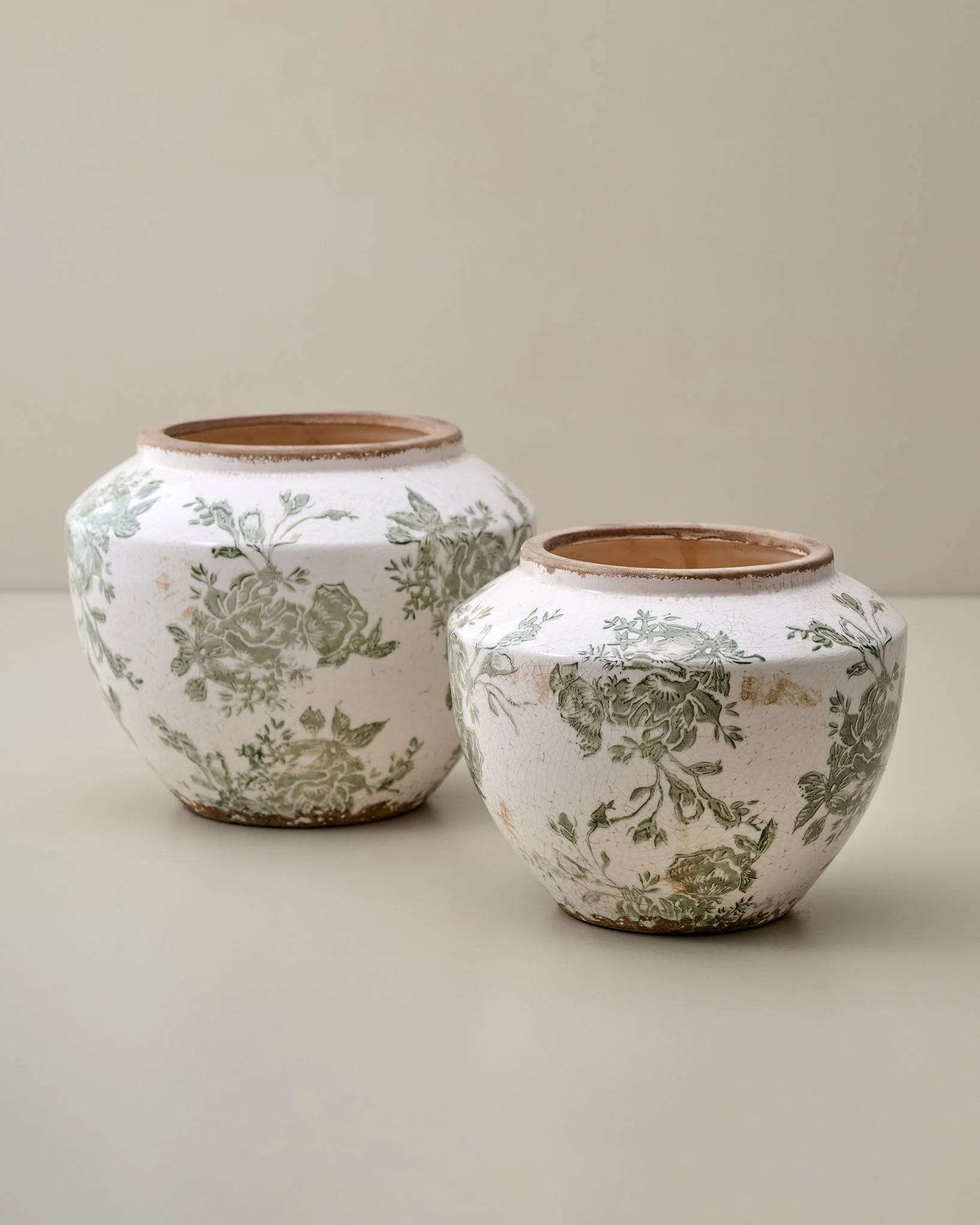 Green and White Distressed Floral Vase