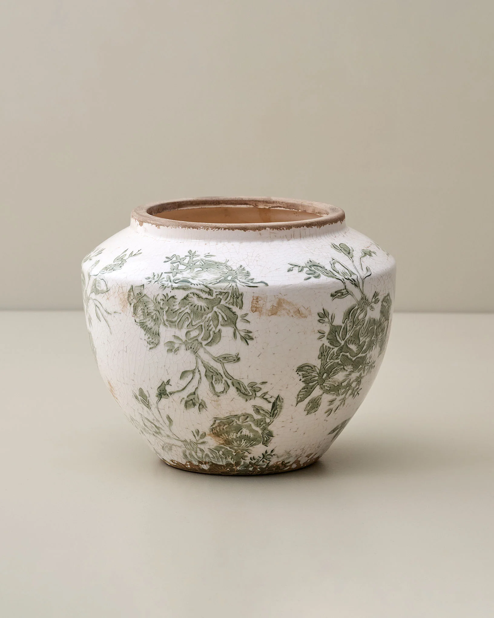 Green and White Distressed Floral Vase - Image 2