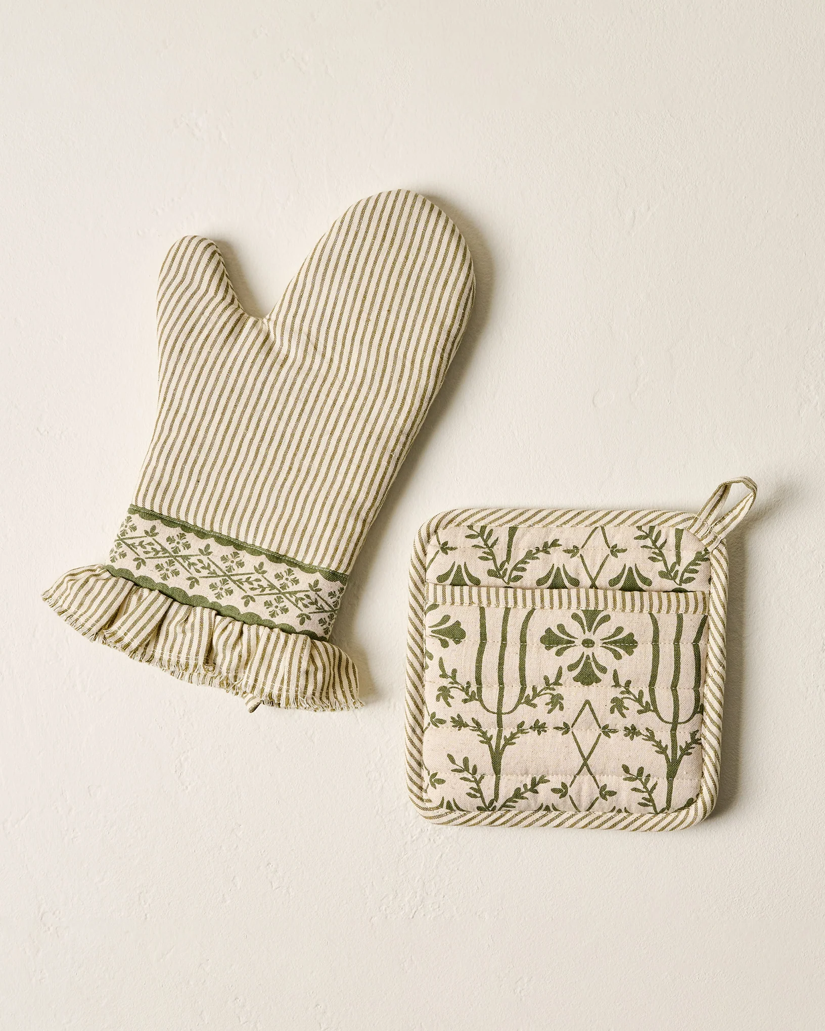 Magnolia Olive Pin Stripe Oven Mitt + Pot Holder Set - Image 2