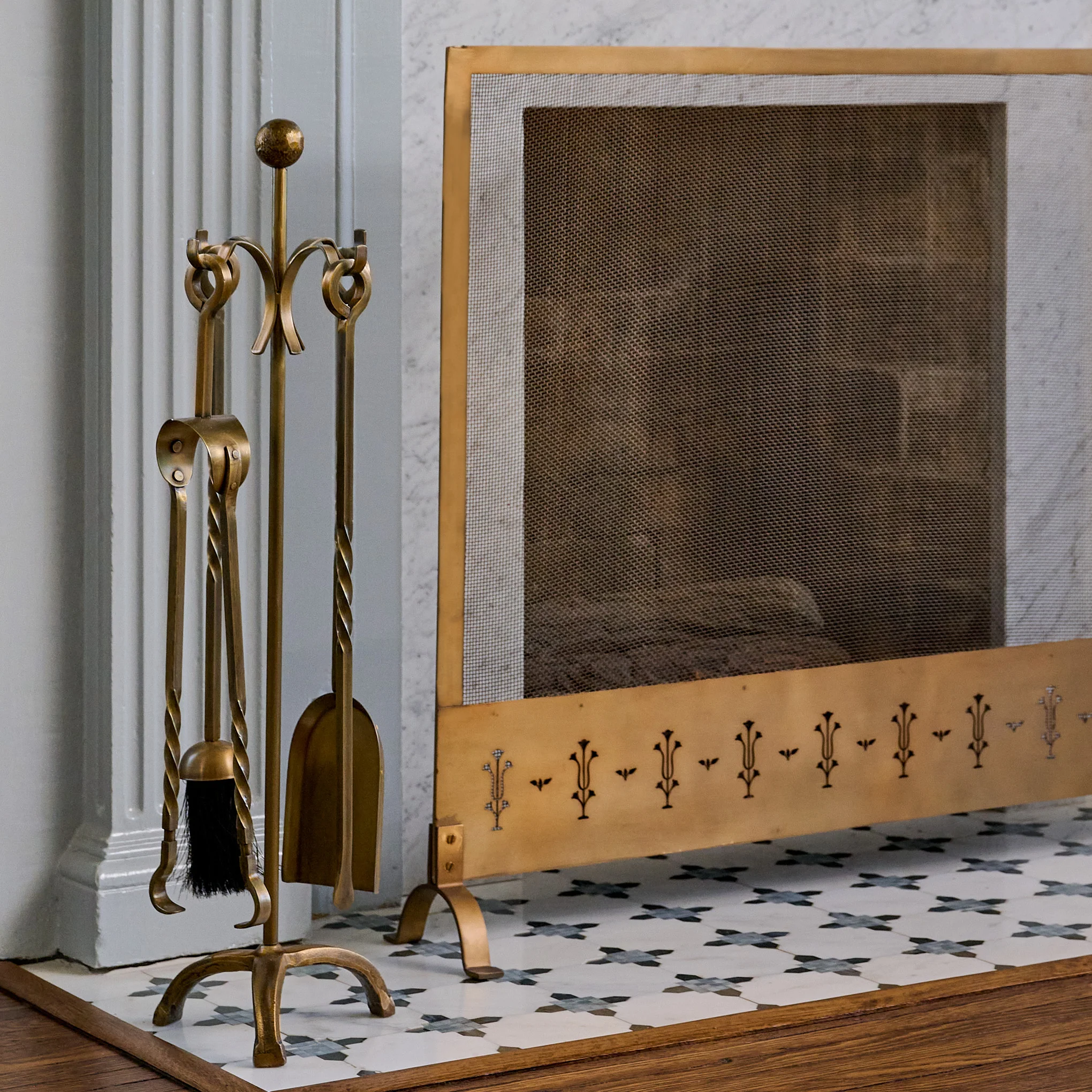 Twisted Antique Brass Fireplace Tool Set - Image 2